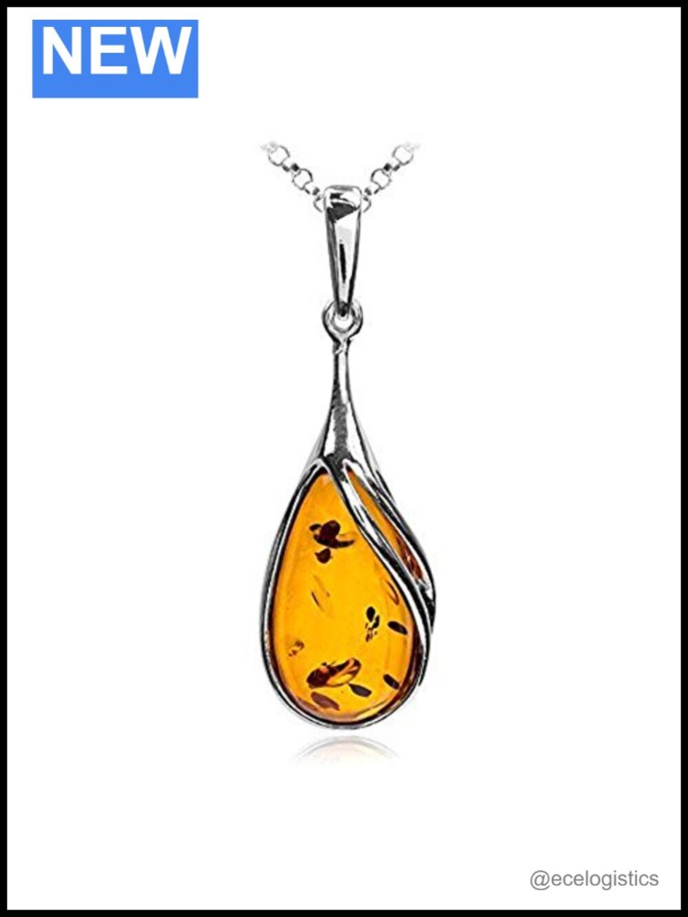 Sterling Silver 925 Genuine Amber Drop Pendant Necklace 18"